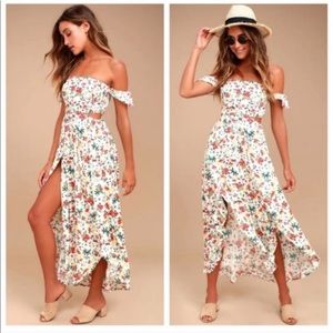 LUSH Easy on the Eyes Cream Floral Print Off-the-Shoulder Maxi Dress